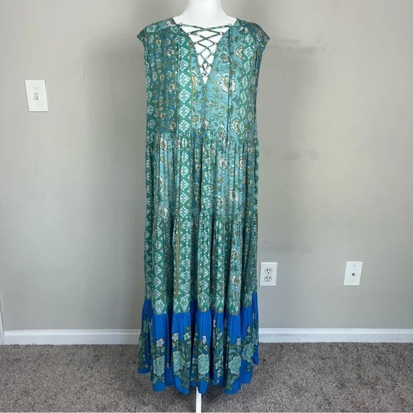 FREE PEOPLE HANALEI BAY LACE UP TIERED OVERSIZED TIERED FLORAL MAXI DRESS XS - Picture 12 of 16